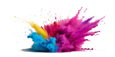 Multicolored rainbow explosion of cloud powder paint holi decoration isolated on transparent background. Vector abstract colorful rainbow holi paint festival background