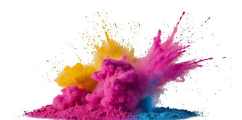 Multicolored rainbow explosion of cloud powder paint holi decoration isolated on transparent background. Vector abstract colorful rainbow holi paint festival background
