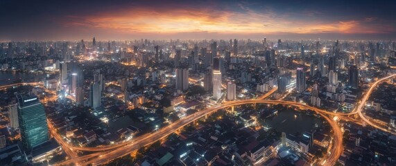 Panoramic dusk view of bangkok with skyscrapers and chao phraya river