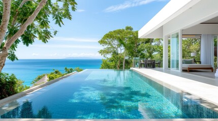Fototapeta premium A large pool with a white house and a view of the ocean
