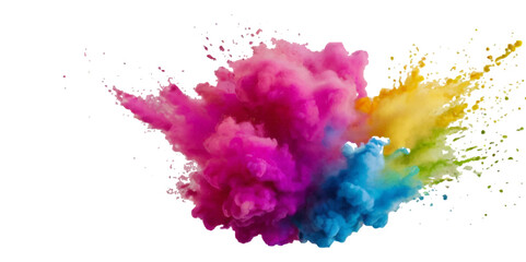 Vector watercolor rainbow multicolor splatter design background. Multicolored rainbow explosion of cloud powder paint holi decoration isolated on transparent background