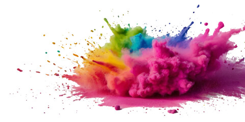Vector watercolor rainbow multicolor splatter design background. Multicolored rainbow explosion of cloud powder paint holi decoration isolated on transparent background