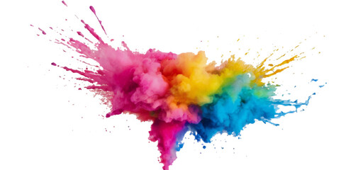 Vector watercolor rainbow multicolor splatter design background. Multicolored rainbow explosion of cloud powder paint holi decoration isolated on transparent background