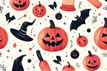 Whimsical Halloween pattern with pumpkins, bats, and other spooky icons