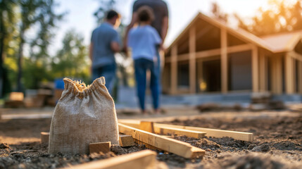 A 'Personal Loan' bag placed near construction materials in front of a home under renovation, with a family inspecting the progress, representing the financial support received