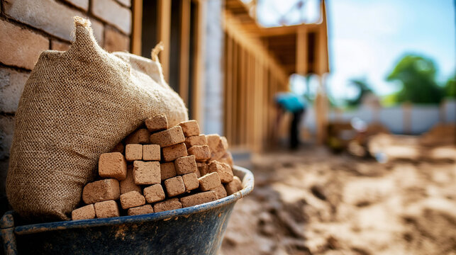 A 'Personal Loan' burlap sack rests against a wheelbarrow full of bricks, with a newly framed house in the background, symbolizing the financial support for the construction