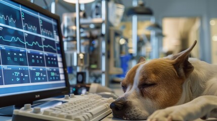 Dog sleeping near a monitor displaying vital signs in a futuristic veterinary clinic. Advanced pet healthcare, monitoring, and veterinary technology concept.