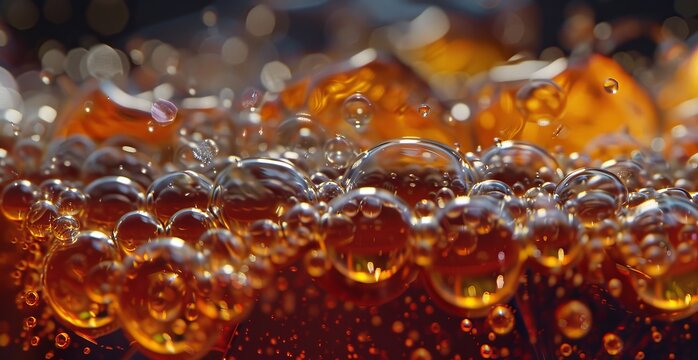 Close Up of Cola Bubbles and Ice Cubes in a Glowing Glass.