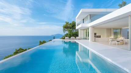 Fototapeta premium A large pool with a white umbrella and a white house in the background