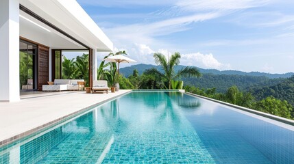 A large white house with a pool and a balcony overlooking a lush green hillside