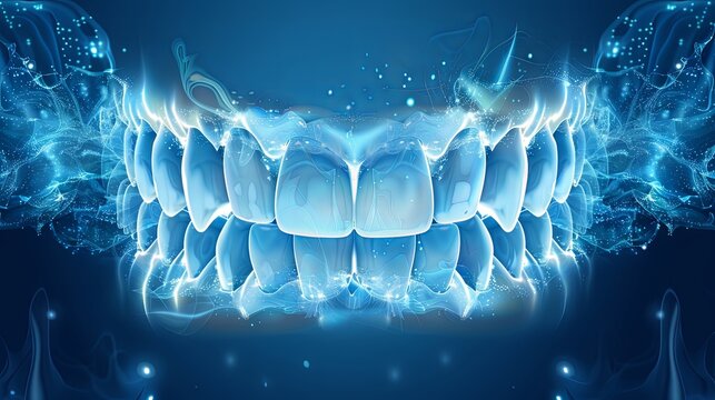 White jaw teeth blue dental illustration background wallpaper. Enamel whitening medical treatment, healthy oral mouth hygiene, toothpaste gums protection, bright implant