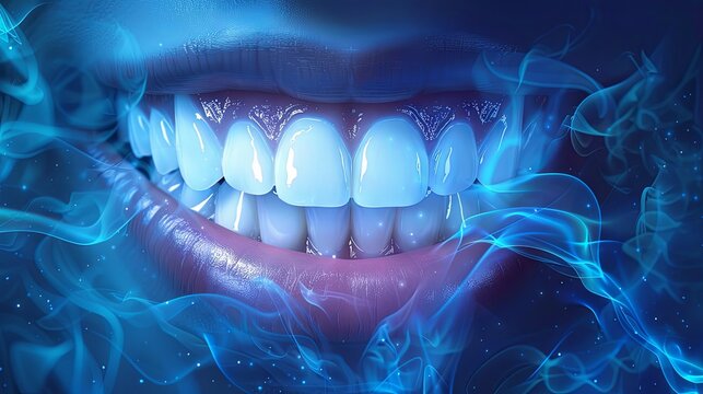 White jaw teeth blue dental illustration background wallpaper. Enamel whitening medical treatment, healthy oral mouth hygiene, toothpaste gums protection, bright implant