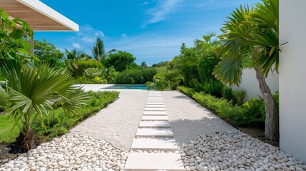 Fototapeta premium A large white house with a pool and a patio