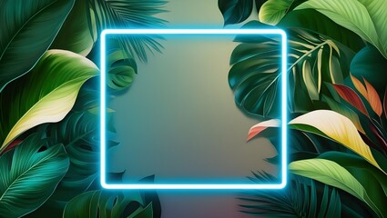 Neon-Lit Frame with Vibrant Tropical Leaves Background, created with generative AI technology
