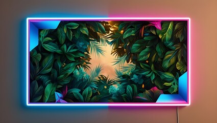 Neon-Lit Frame with Vibrant Tropical Leaves Background, created with generative AI technology
