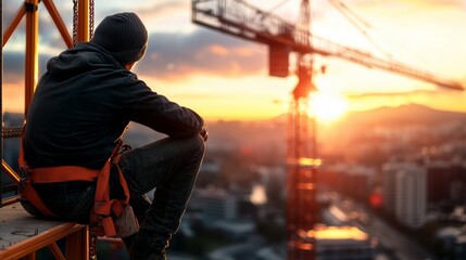 Construction Worker Watching Sunset From High Rise Building.