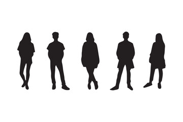 Vector silhouettes of men and a women, a group of standing business people, black color isolated on white background