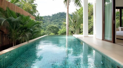 Fototapeta premium A beautiful view of the ocean with two white beach chairs and two white towels