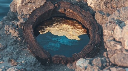   A cavity in a stone with a mirror image of a mountain and a lake within its depths