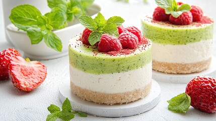   Close-up of a cake on a plate with raspberries and mint adjacent