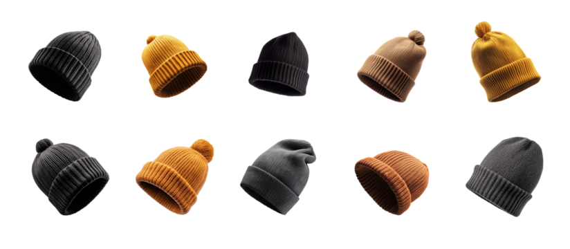 Winter Cap Mega Pack. Beanie hat. Winter wear. cable knit beanie. Transparent background PNG. 