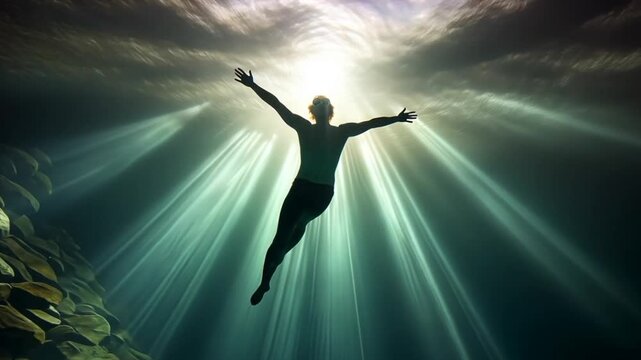 A man swims underwater against the backdrop of the sun's rays. Male diver dives in the depths of the sea. Scuba diving in the sea under the sun.