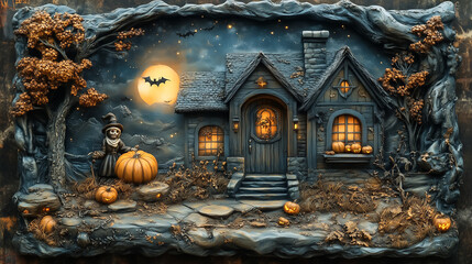 Obraz premium Halloween scene on metal bas-relief eatures a spooky haunted house with glowing jackolanterns, framed by an enchanting sunset, perfect for Halloweenthemed projects