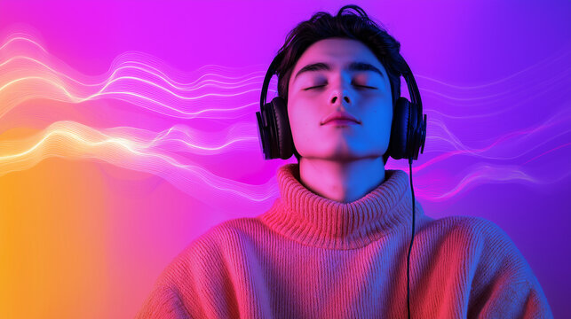 A serene listener with headphones, eyes closed, and sound waves gently flowing around, illustrating the peaceful immersion in a podcast