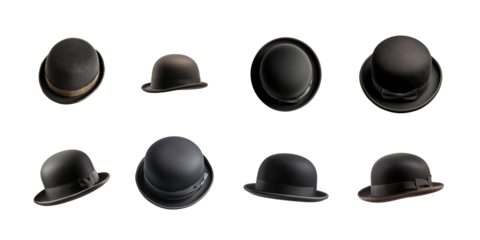 Classic Bowler Hat Mega Collection. Transparent background PNG. 