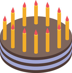 Delicious round chocolate birthday cake is topped with burning candles for a festive celebration