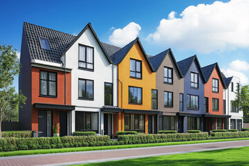 Row of colorful houses standing on sunny street with lush green bushes and trees. New townhouses in neighborhood