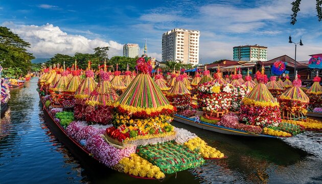 kadayawan Festival, rows of floats decorated with flowers and fruits, colorful Davao city buildings in the background, Ai generated Images