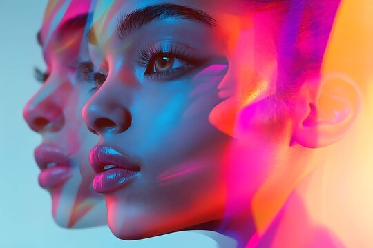 Abstract photo featuring detailed character design of people's faces, enhanced by VRay tracing for realistic lighting and textures, creating a vivid and intricate representation