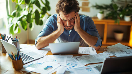 A stressed man at his desk, surrounded by financial statements and a laptop, with a worried expression as he reviews his finances