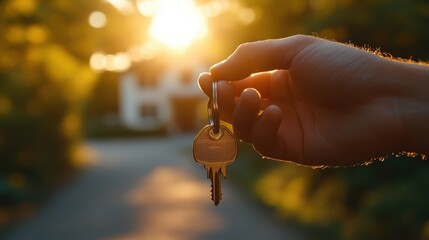 A close-up of an open hand holding keys, with the background blurred to show a house in soft focus. 