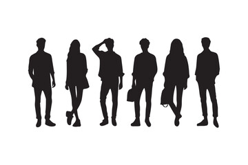 Vector silhouettes of men and a women, a group of standing business people, black color isolated on white background