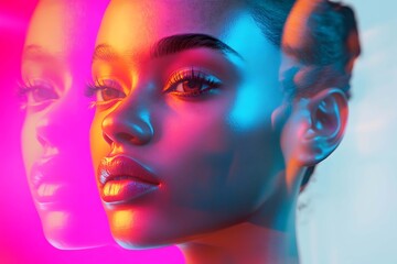 Abstract photo featuring detailed character design of people's faces, enhanced by VRay tracing for realistic lighting and textures, creating a vivid and intricate representation