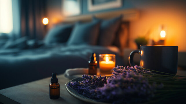 A serene bedside setup featuring a lavender sachet, essential oils, and a flickering candle, designed to enhance relaxation and sleep quality