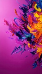 Vibrant abstract artwork featuring bold colors and dynamic brush strokes against a purple background.