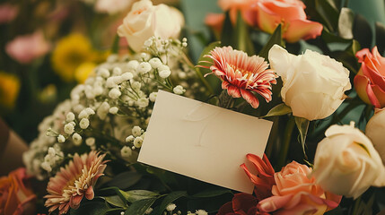 Detailed view of a love note being placed inside a bouquet of flowers