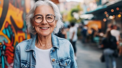 Fototapeta premium An older woman in a denim jacket smiles amidst vibrant street art and bustling urban life.