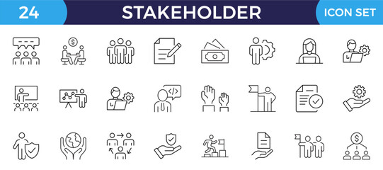 Stakeholder editable stroke icons set. Business, partner, shareholder, investor, supporter vector illustrations.