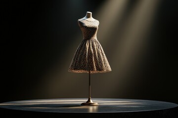 A highly realistic 3D image showcasing a mannequin dressed in a stylish skirt, positioned on a sleek podium. The isolated background ensures that all focus is on the garment and its intricate