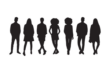 Vector silhouettes of men and a women, a group of standing business people, black color isolated on white background