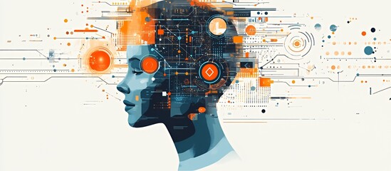 A digital illustration of a human profile integrated with technology and data elements.