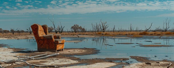 Old Armchair Set Against an Expansive Water Desert Landscape.