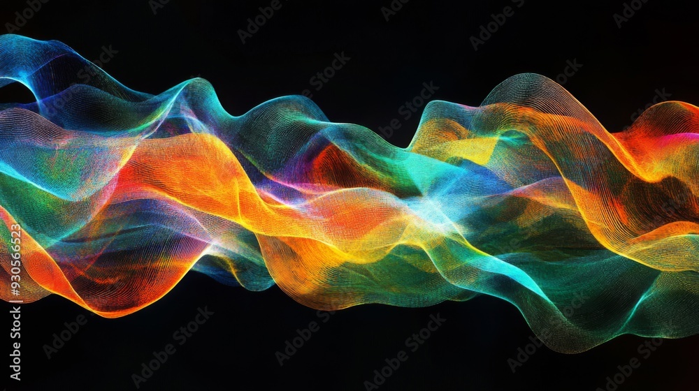 Poster Abstract digital representation of colorful electric waves moving through the air, symbolizing data transmission, communication, and technology advancements.