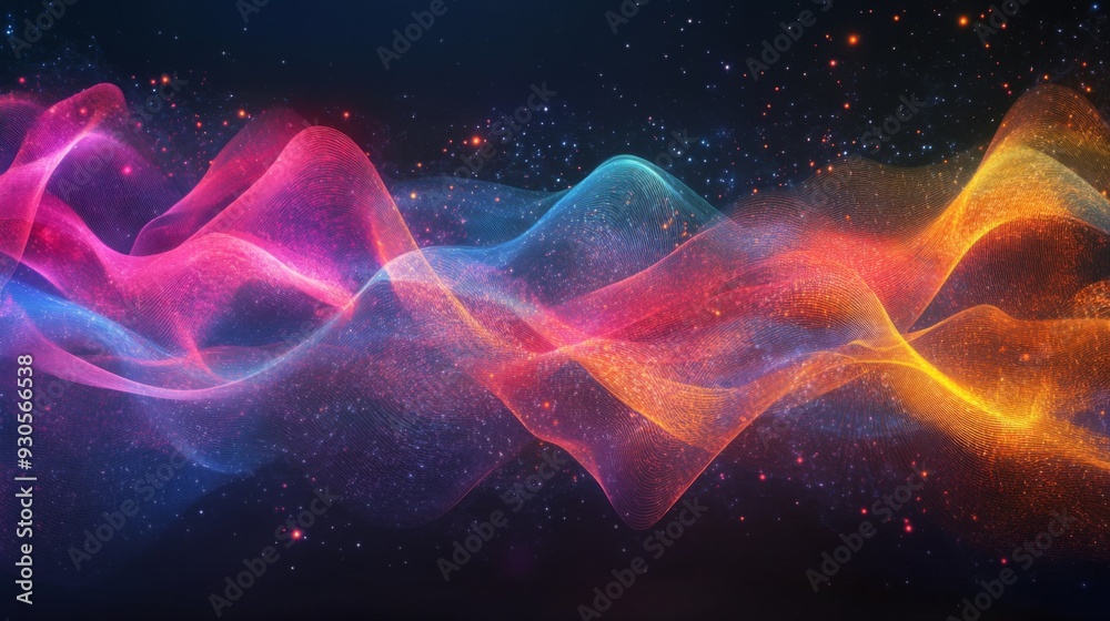 Poster Abstract digital representation of colorful electric waves moving through the air, symbolizing data transmission, communication, and technology advancements.