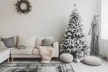 A modern, minimalist living room with a simple, white Christmas tree adorned with monochrome decorations