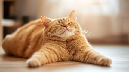Fototapeta premium An adorable overweight orange cat stretching lazily on the floor, showing off its soft belly and content expression.